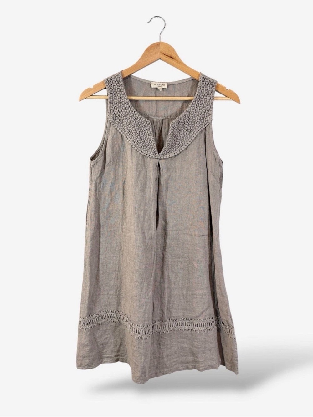 Sleeveless Linen Midi Dress with Crochet Collar - Gray